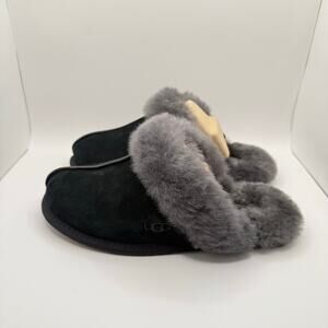 Ugg Woman’s Scuffette II Black Gray‎ Suede Slip On Sheepskin Slippers- Size 6